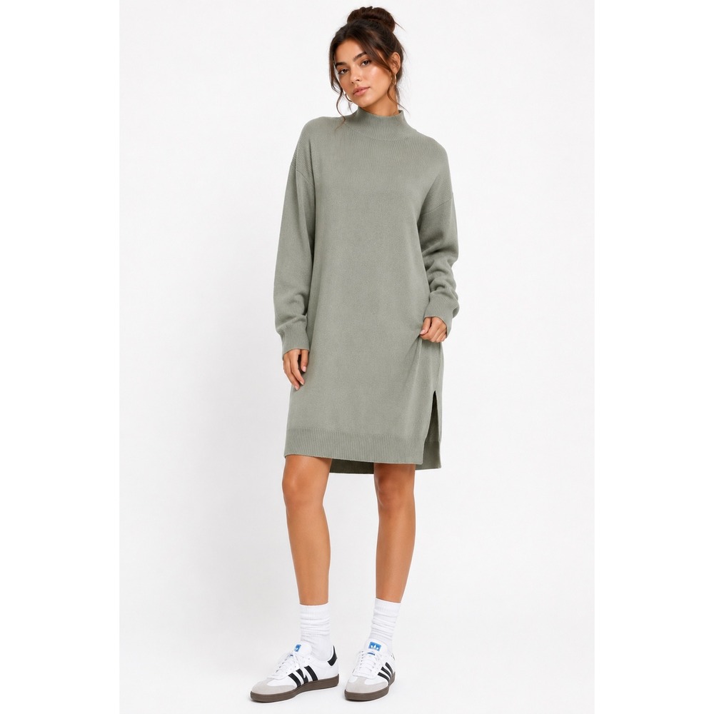 Bella Ella Sweater Dress Womens Small Taupe Ribbed Mock‎ Neck Long Sleeve Cozy